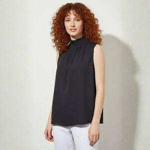 Ming Wang Black Smocked Neckline Crepe de Chine Blouse - XL